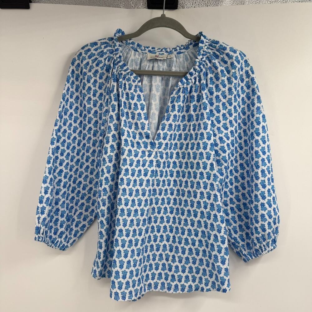 Vineyard Vines Block Print Popover Top S Blue White Ruffle V-Neck Blouson Sleeve